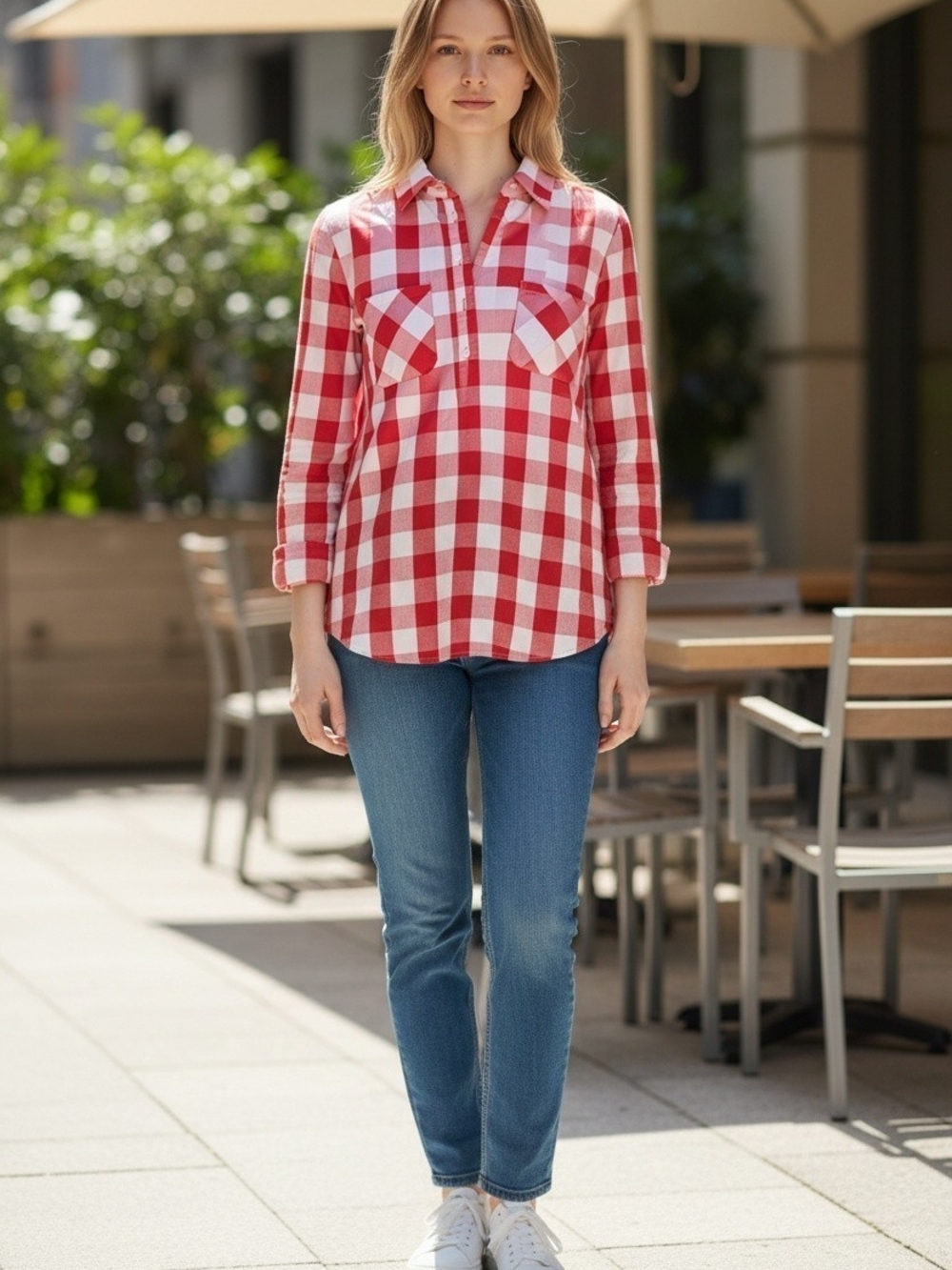 Red Check Plaid Button-Up Shirt - Women's Casual Blouse XL